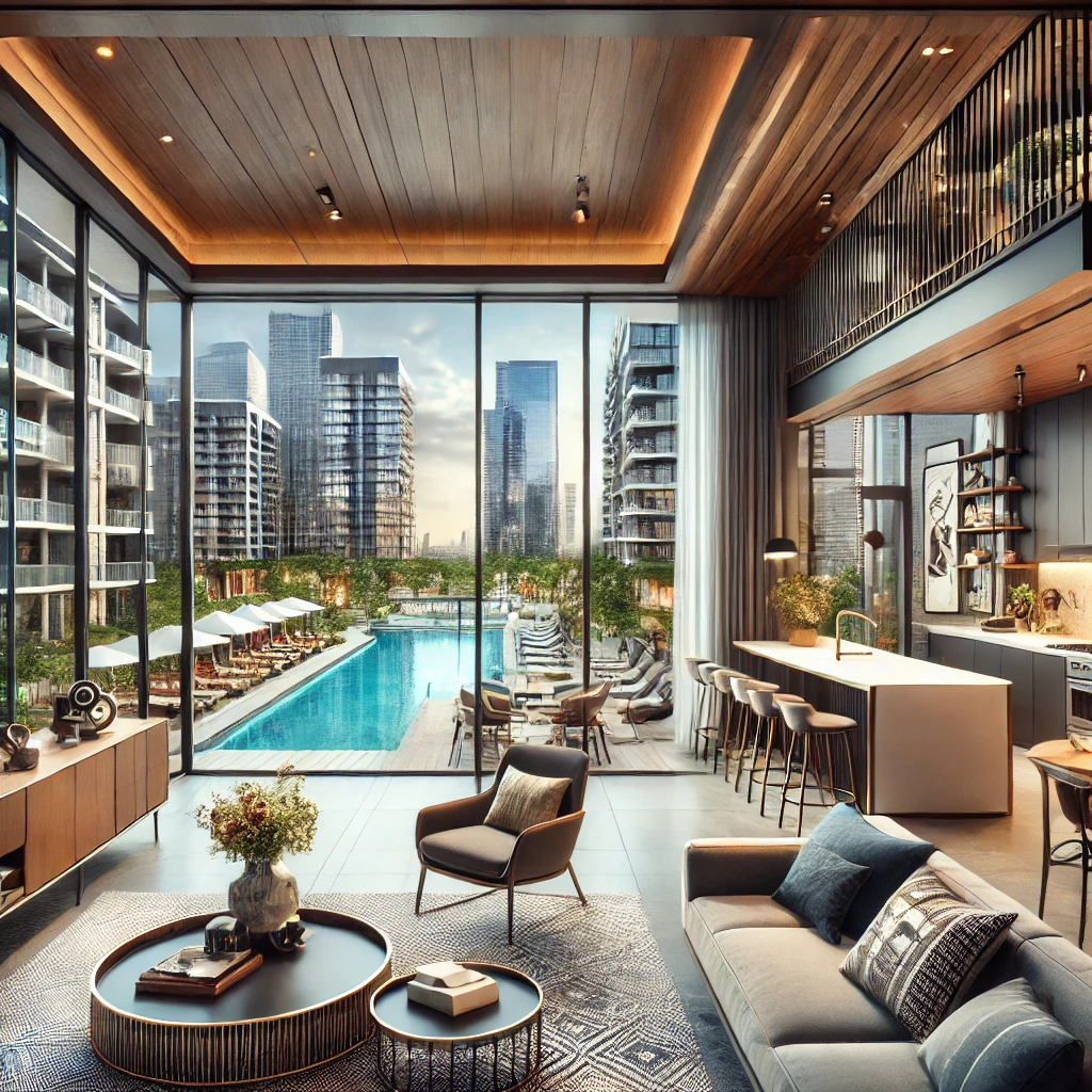 Luxurious apartment interior in Houston with a spacious open floor plan, modern furnishings, and a large window wall overlooking a pool area with sun loungers and surrounding high-rise buildings.