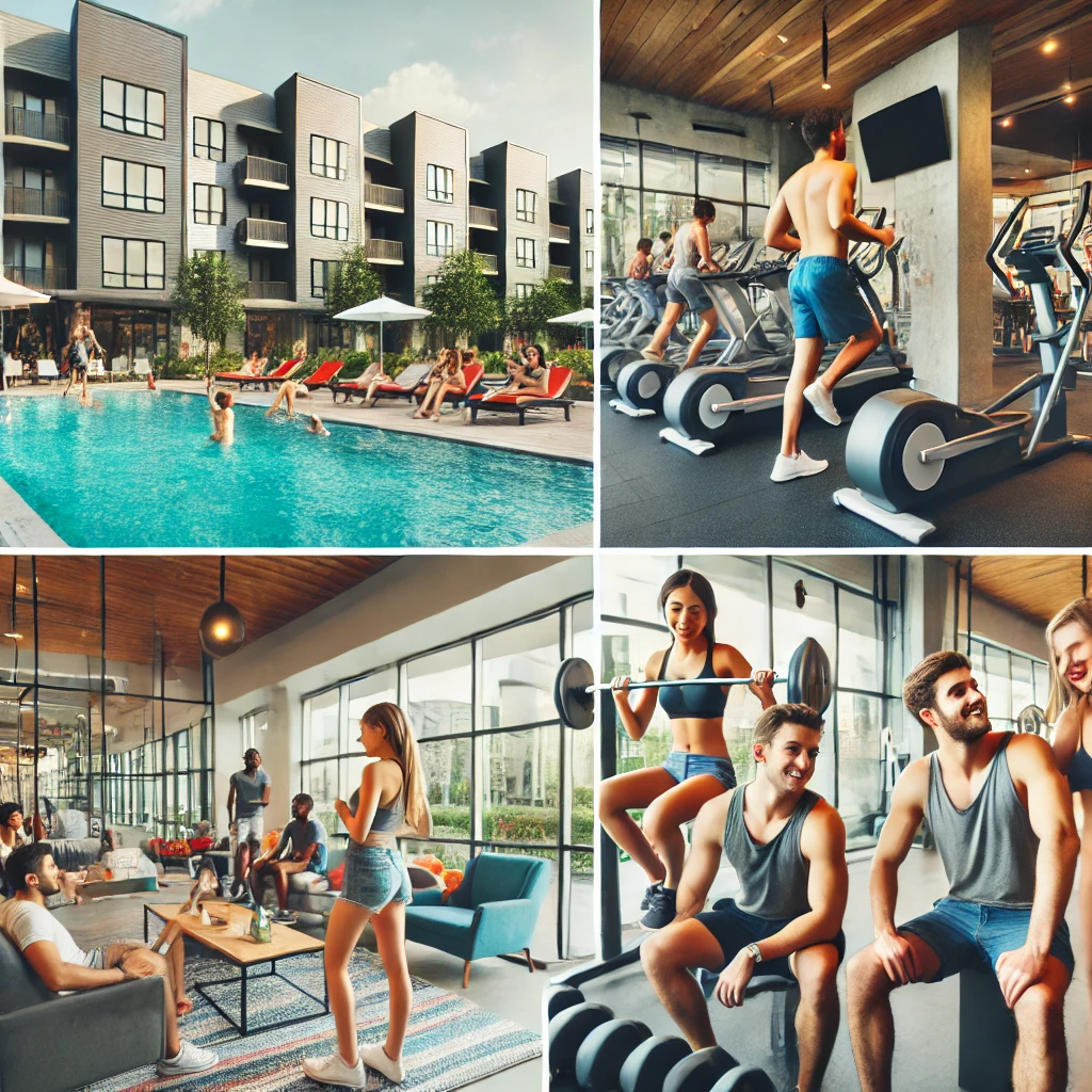 Collage of luxury apartment amenities in Houston, featuring a pool area with lounge chairs, a gym with people exercising on cardio machines and lifting weights, and a social lounge with residents relaxing and interacting.