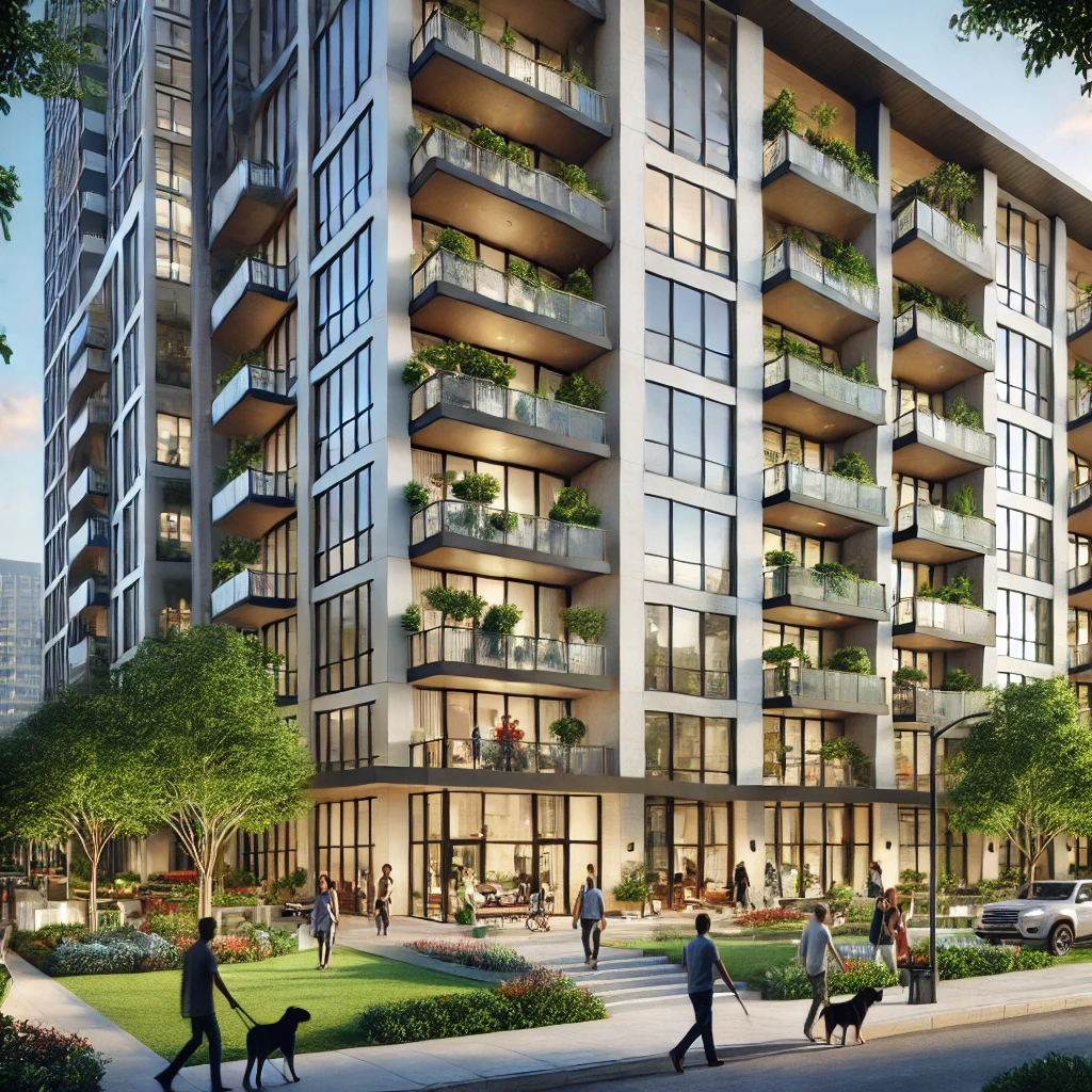 Modern apartment building with multiple balconies adorned with plants, featuring a well-maintained green lawn in front, where people are seen walking, some with dogs.