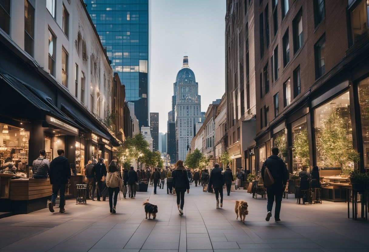 Busy street in Uptown Dallas with vibrant shops and cafes, showcasing the lively urban environment.