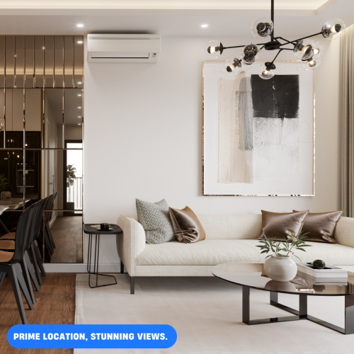 Contemporary Dallas living room with elegant decor including a white sofa, chandelier, and glass table; caption: 'Prime location, stunning views.